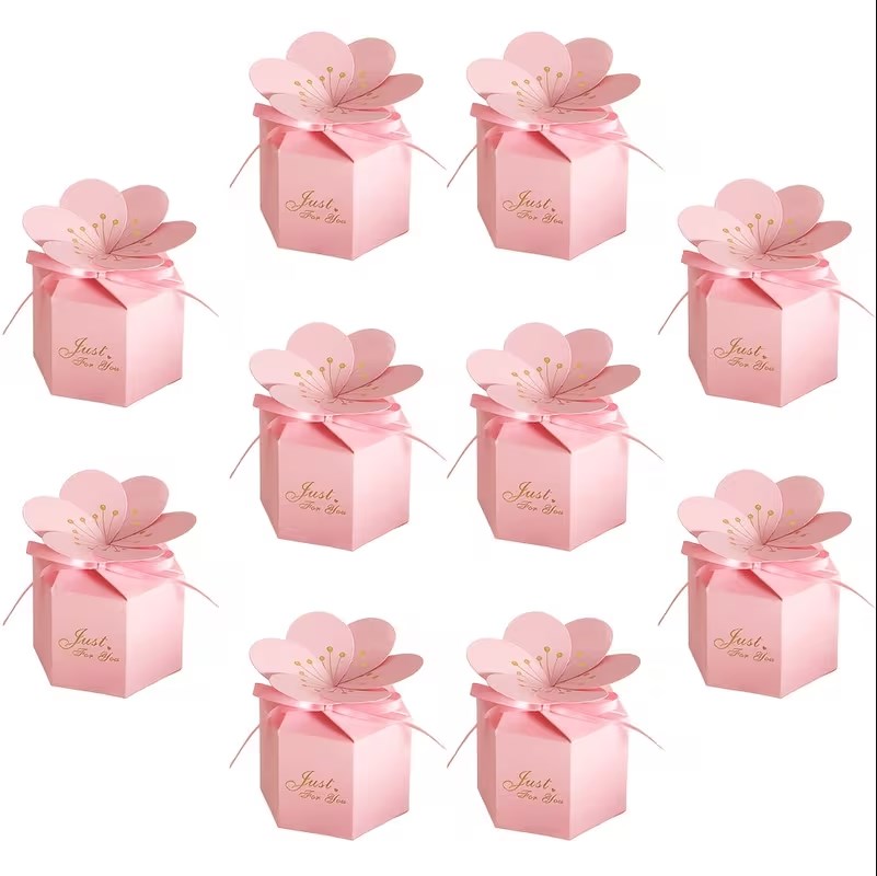 10pcs Cherry Blossom Gift Box with Ribbon | Hexagonal Treat Boxes for Wedding, Birthday, Valentine