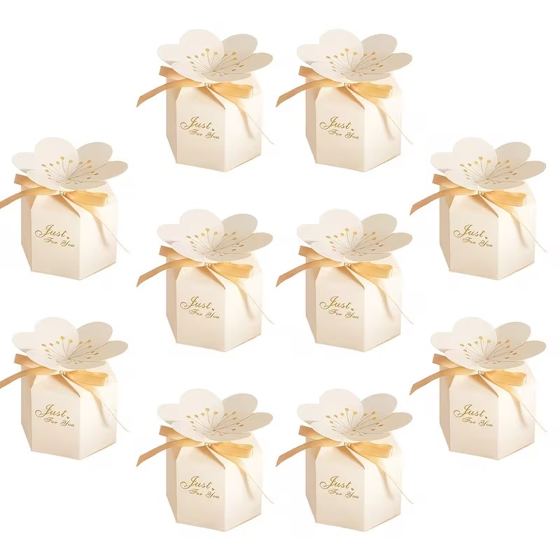 10pcs Cherry Blossom Gift Box with Ribbon | Hexagonal Treat Boxes for Wedding, Birthday, Valentine