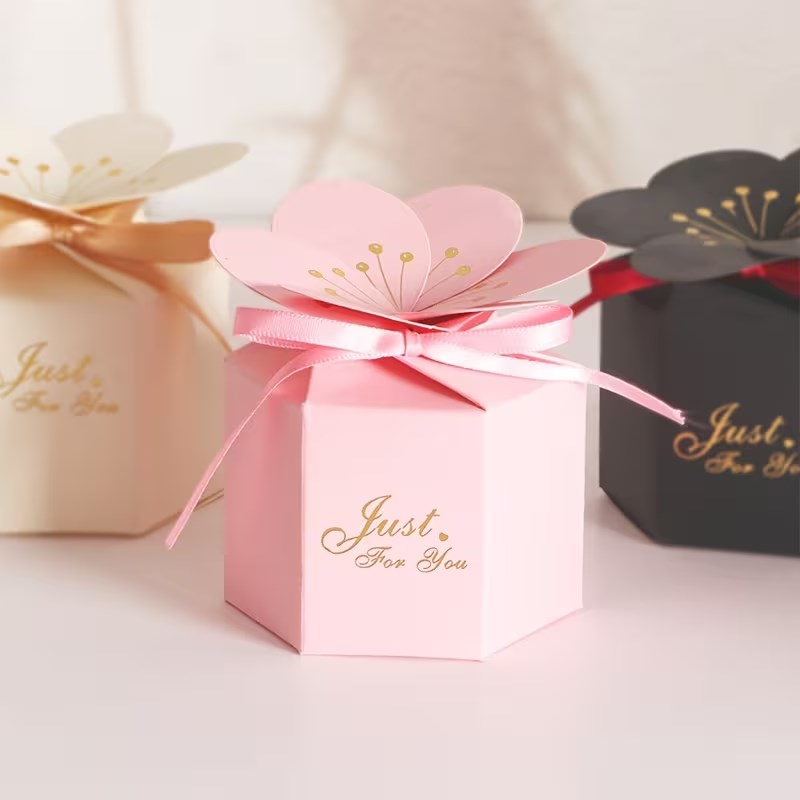 10pcs Cherry Blossom Gift Box with Ribbon | Hexagonal Treat Boxes for Wedding, Birthday, Valentine