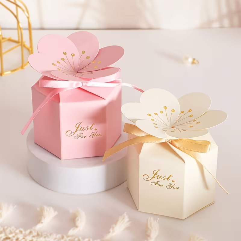 10pcs Cherry Blossom Gift Box with Ribbon | Hexagonal Treat Boxes for Wedding, Birthday, Valentine