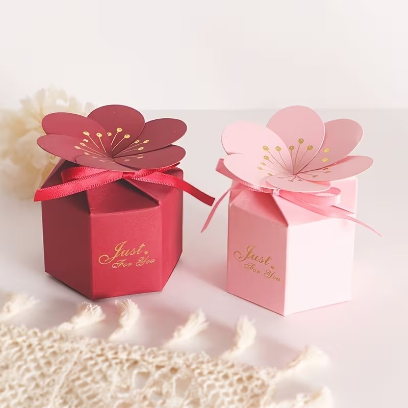 10pcs Cherry Blossom Gift Box with Ribbon | Hexagonal Treat Boxes for Wedding, Birthday, Valentine