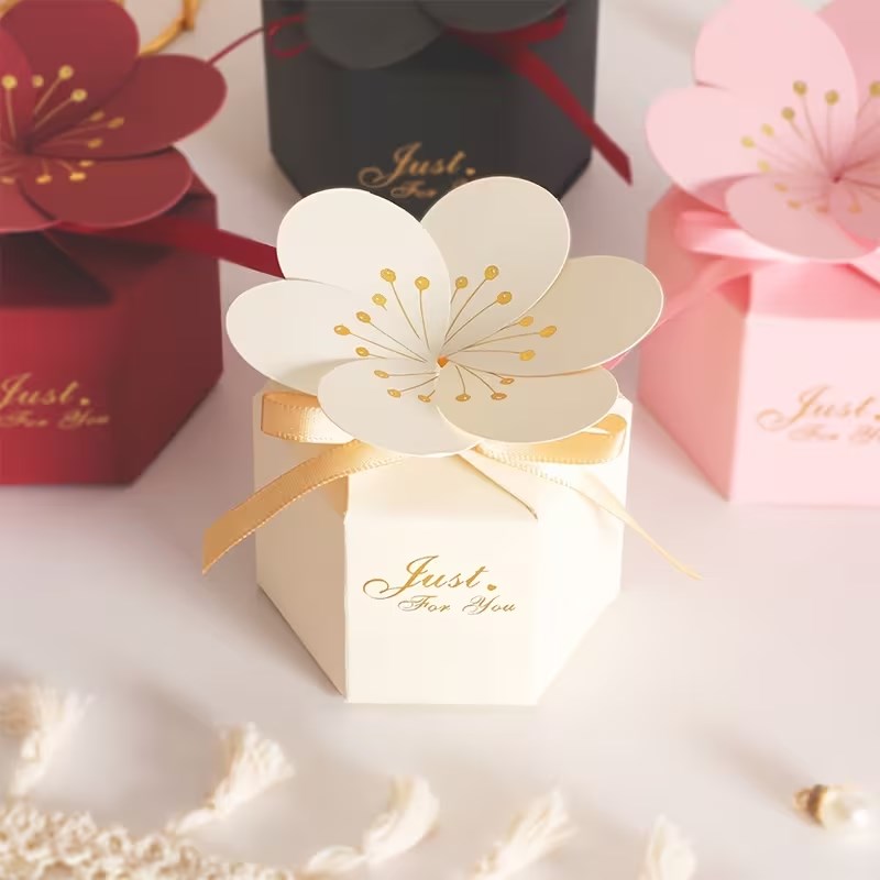 10pcs Cherry Blossom Gift Box with Ribbon | Hexagonal Treat Boxes for Wedding, Birthday, Valentine