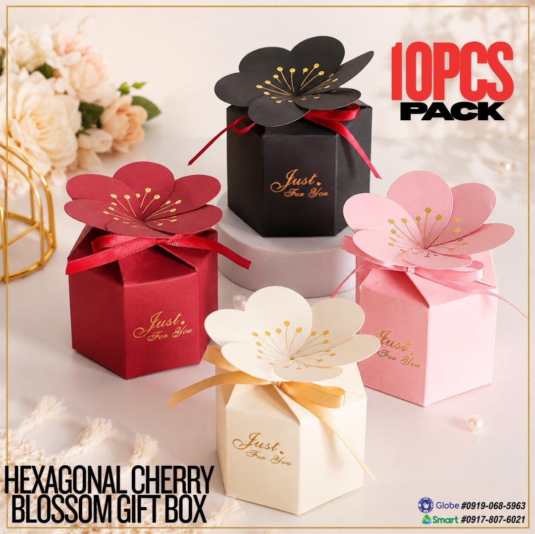 10pcs Cherry Blossom Gift Box with Ribbon | Hexagonal Treat Boxes for Wedding, Birthday, Valentine