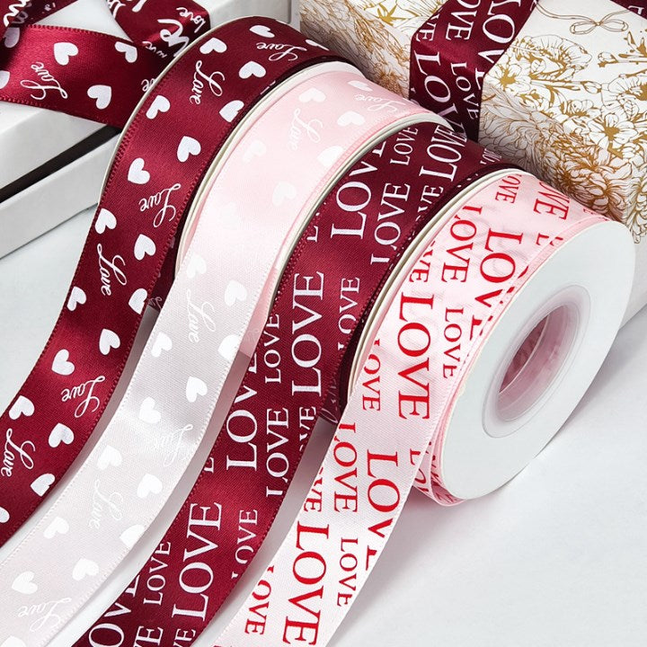 Love Printed Satin Ribbon Roll 2.5cm x 25 Yards | Gift Wrapping Ribbon for Bouquet & Packaging