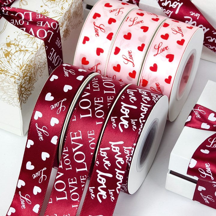 Love Printed Satin Ribbon Roll 2.5cm x 25 Yards | Gift Wrapping Ribbon for Bouquet & Packaging