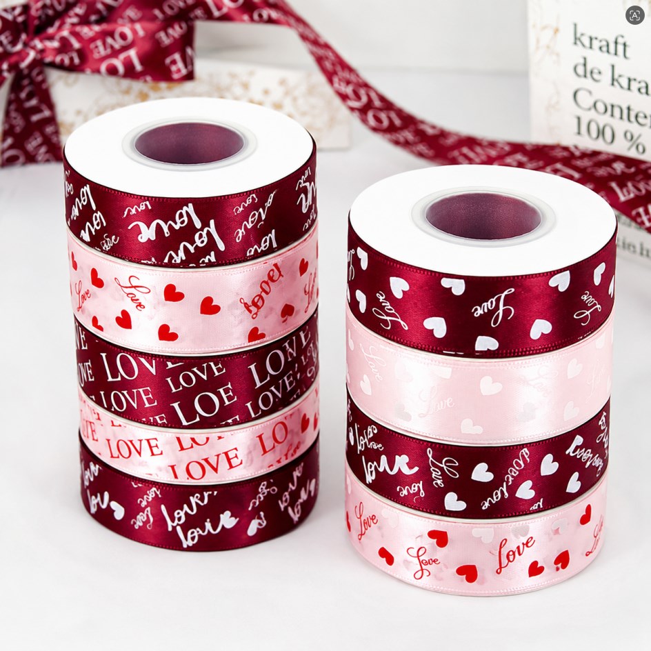 Love Printed Satin Ribbon Roll 2.5cm x 25 Yards | Gift Wrapping Ribbon for Bouquet & Packaging