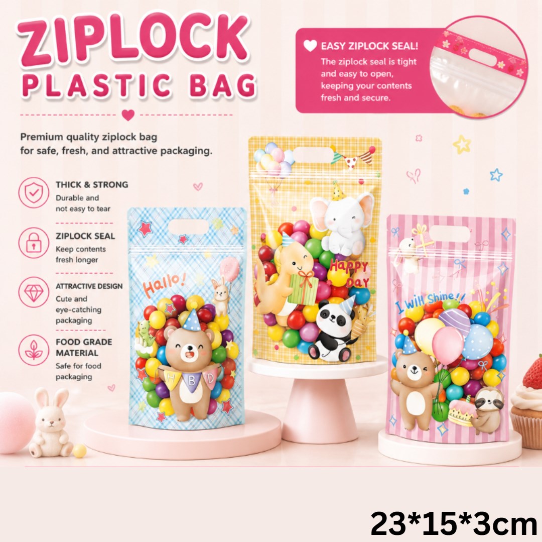 (50pcs) Cute Motif Stand-Up Ziplock Pouch – Food Grade Resealable Snack Packaging Bags