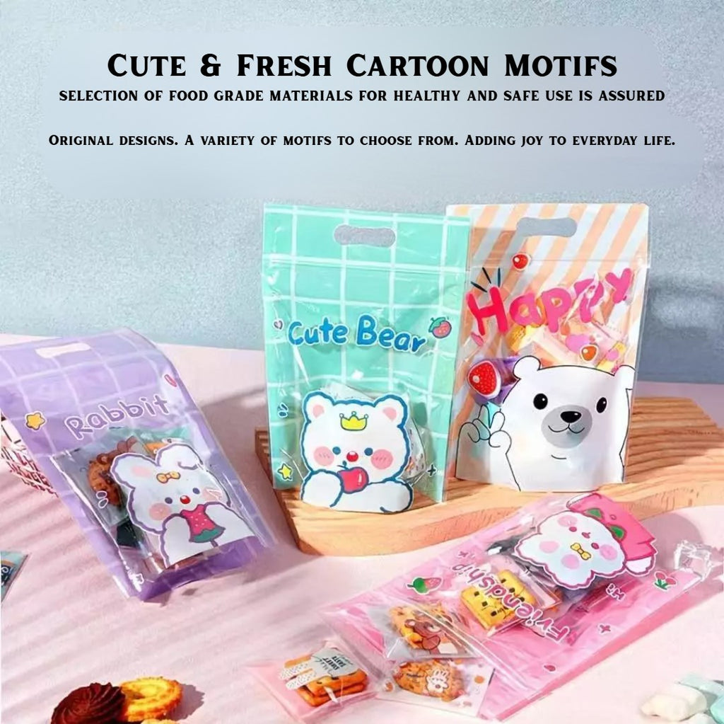 (50pcs) Cute Motif Stand-Up Ziplock Pouch – Food Grade Resealable Snack Packaging Bags
