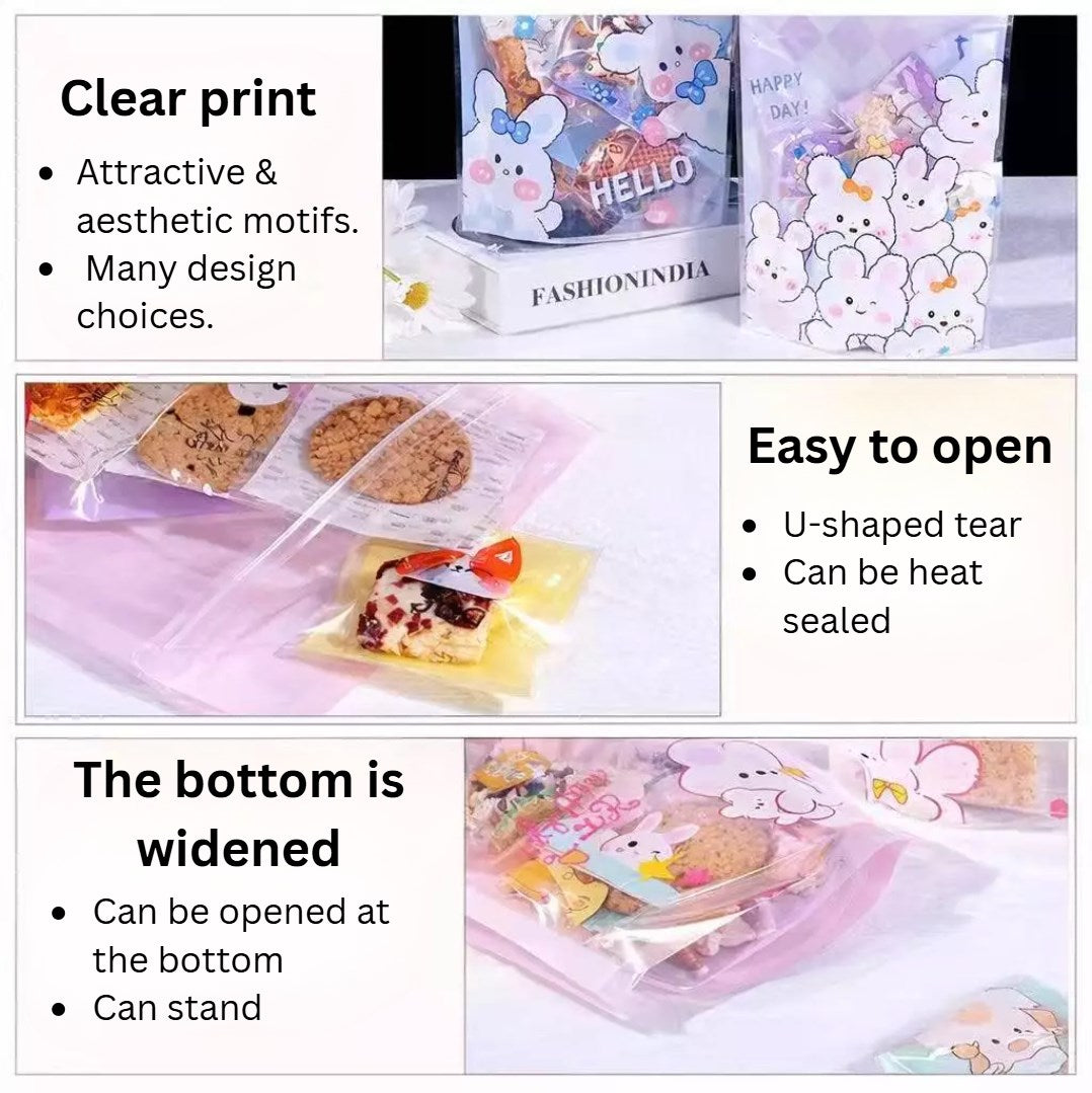 (50pcs) Cute Motif Stand-Up Ziplock Pouch – Food Grade Resealable Snack Packaging Bags