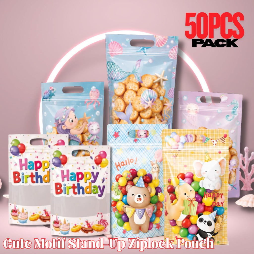 (50pcs) Cute Motif Stand-Up Ziplock Pouch – Food Grade Resealable Snack Packaging Bags