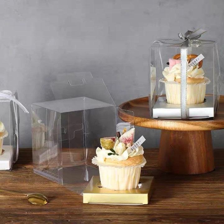 10pcs Transparent Single Cupcake Box with Ribbon | Clear Muffin & Mousse Cake Packaging Gift Box