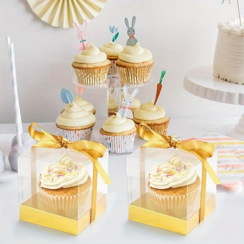 10pcs Transparent Single Cupcake Box with Ribbon | Clear Muffin & Mousse Cake Packaging Gift Box