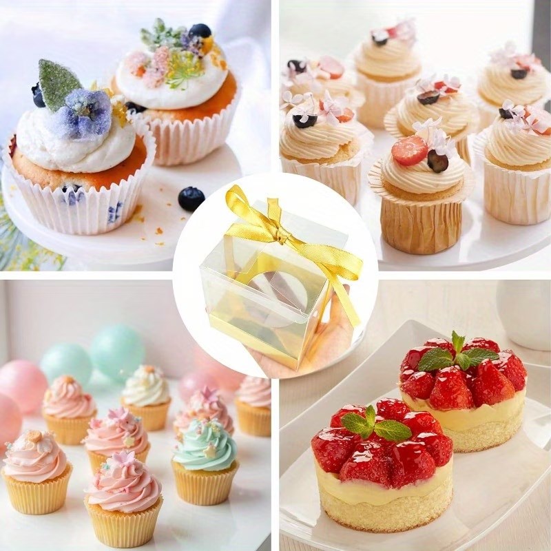 10pcs Transparent Single Cupcake Box with Ribbon | Clear Muffin & Mousse Cake Packaging Gift Box