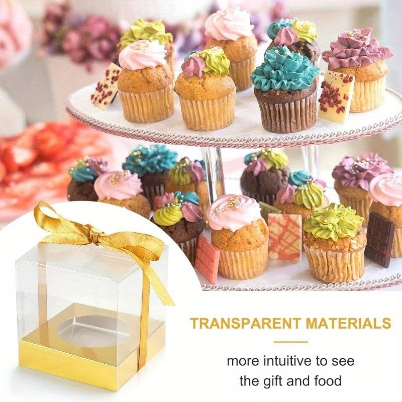 10pcs Transparent Single Cupcake Box with Ribbon | Clear Muffin & Mousse Cake Packaging Gift Box