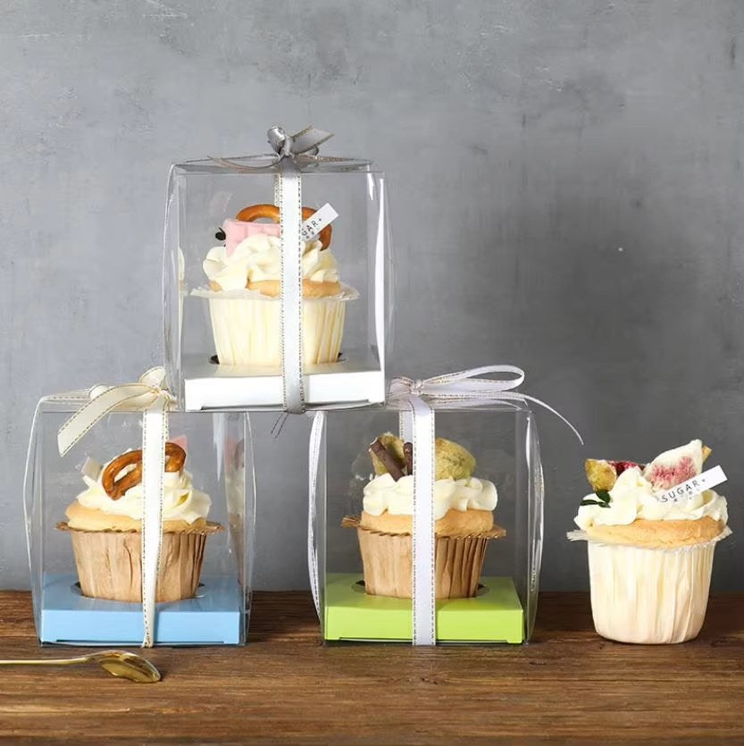 10pcs Transparent Single Cupcake Box with Ribbon | Clear Muffin & Mousse Cake Packaging Gift Box