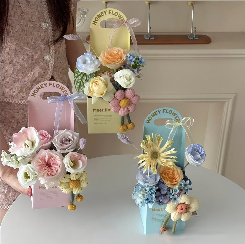 5PCS Honey Flower Handheld Bouquet Gift Box | Golden Foil Floral Packaging Box for Flower Bouquets
