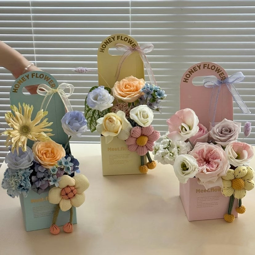 5PCS Honey Flower Handheld Bouquet Gift Box | Golden Foil Floral Packaging Box for Flower Bouquets