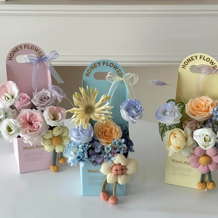 5PCS Honey Flower Handheld Bouquet Gift Box | Golden Foil Floral Packaging Box for Flower Bouquets