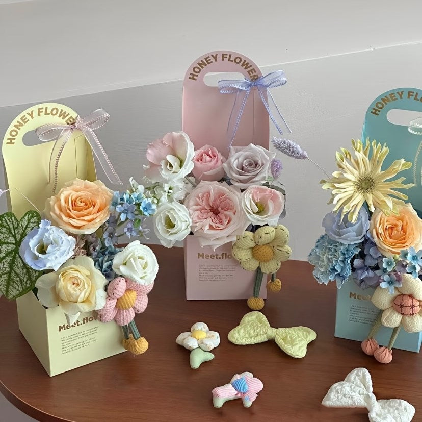 5PCS Honey Flower Handheld Bouquet Gift Box | Golden Foil Floral Packaging Box for Flower Bouquets