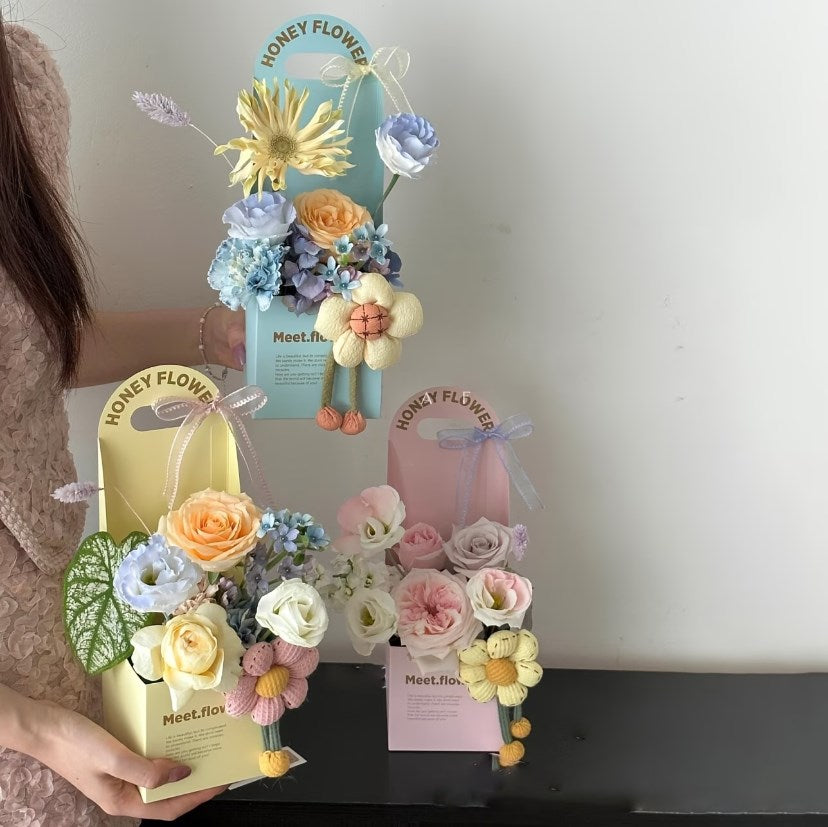5PCS Honey Flower Handheld Bouquet Gift Box | Golden Foil Floral Packaging Box for Flower Bouquets
