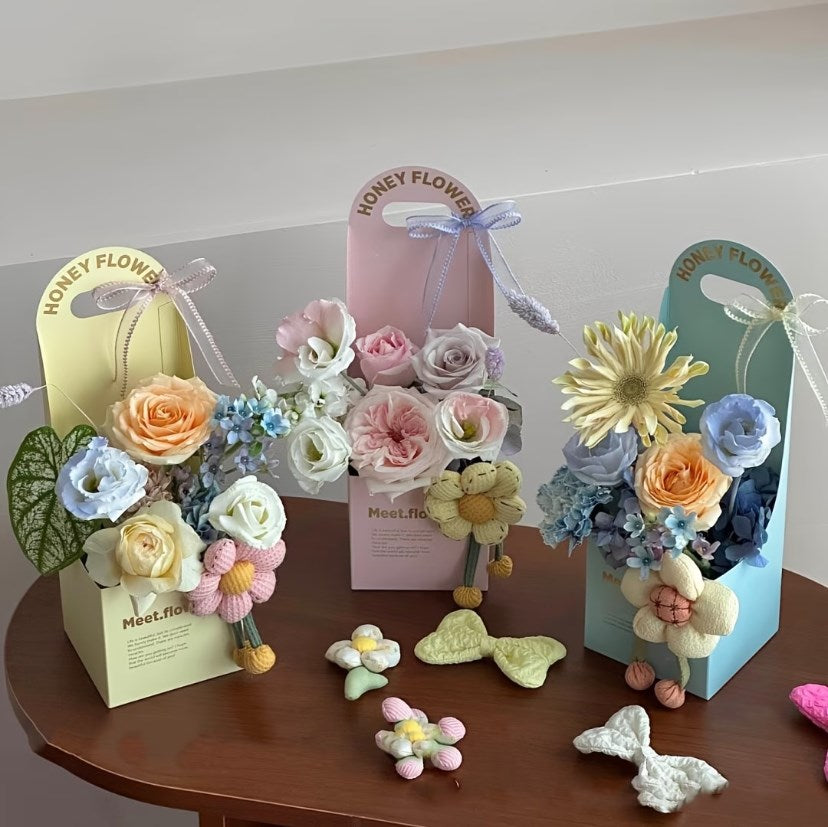 5PCS Honey Flower Handheld Bouquet Gift Box | Golden Foil Floral Packaging Box for Flower Bouquets