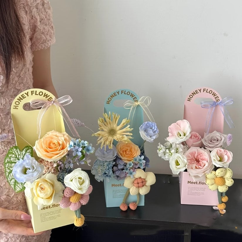 5PCS Honey Flower Handheld Bouquet Gift Box | Golden Foil Floral Packaging Box for Flower Bouquets