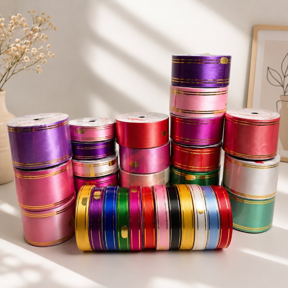 50yards | Plastic Ribbon with Double Gold Edges | Decorative Gift Wrapping Ribbon for Flower Arrang.