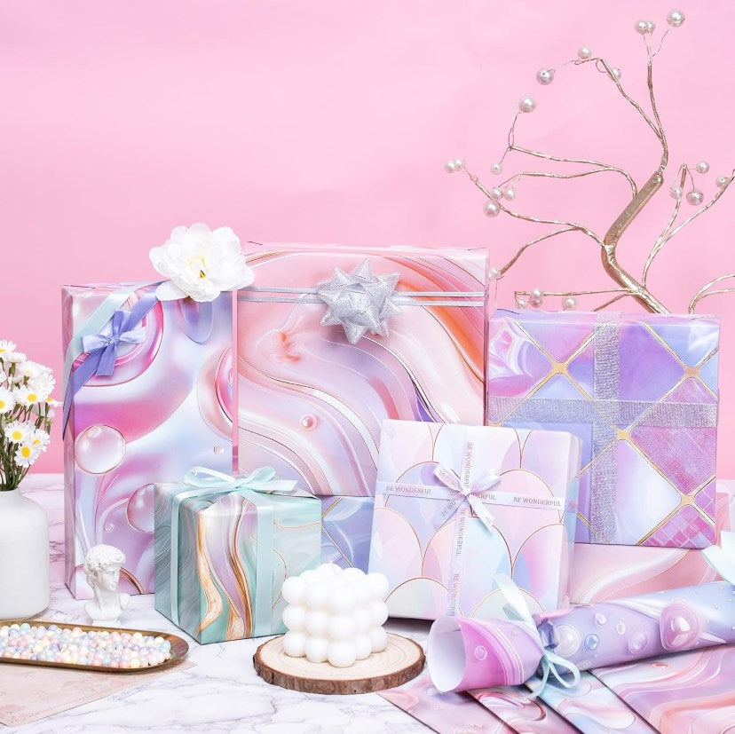 5PCS Marble Pattern Glossy Gift Wrapping Paper Roll Pearl | Copper Plate Finish | Flower Gift Packa.