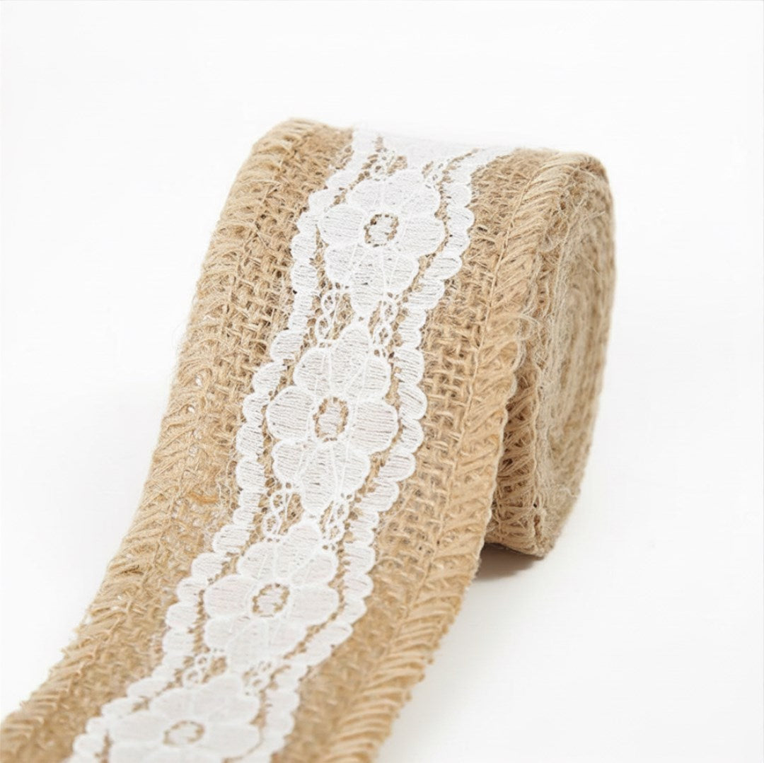 2M/Roll 5cm Natural Jute Burlap Hessian Ribbon with White Lace Trim | DIY Ribbon for Gift Wrapping