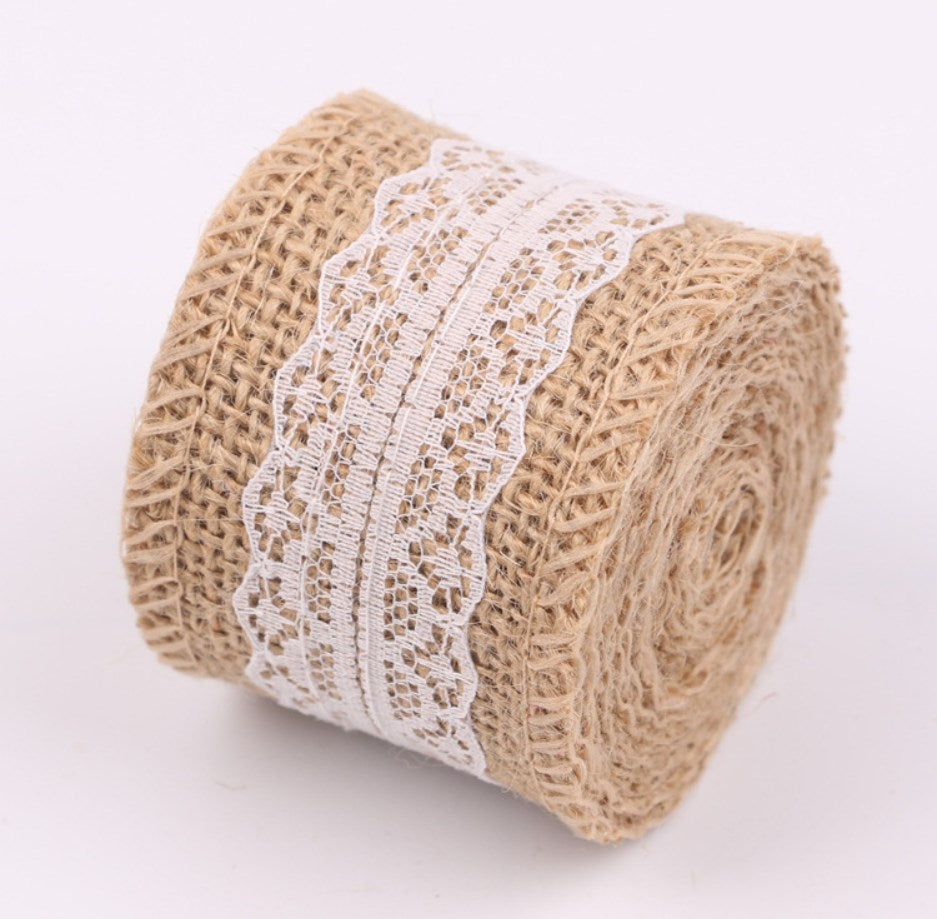 2M/Roll 5cm Natural Jute Burlap Hessian Ribbon with White Lace Trim | DIY Ribbon for Gift Wrapping