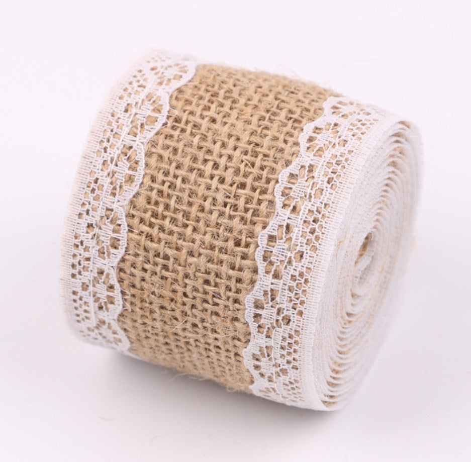 2M/Roll 5cm Natural Jute Burlap Hessian Ribbon with White Lace Trim | DIY Ribbon for Gift Wrapping