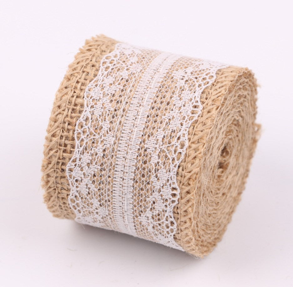 2M/Roll 5cm Natural Jute Burlap Hessian Ribbon with White Lace Trim | DIY Ribbon for Gift Wrapping