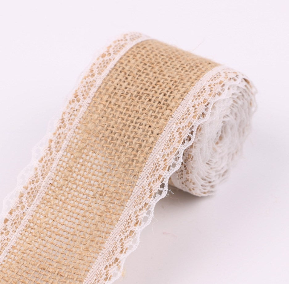 2M/Roll 5cm Natural Jute Burlap Hessian Ribbon with White Lace Trim | DIY Ribbon for Gift Wrapping