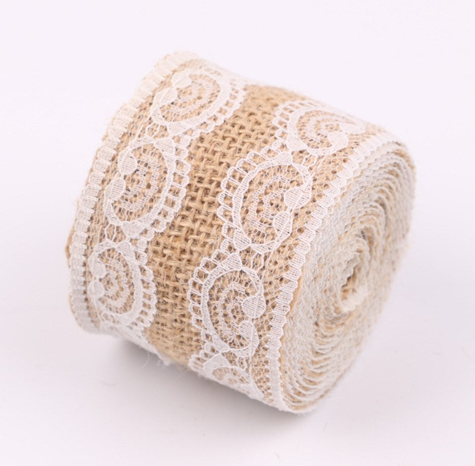 2M/Roll 5cm Natural Jute Burlap Hessian Ribbon with White Lace Trim | DIY Ribbon for Gift Wrapping