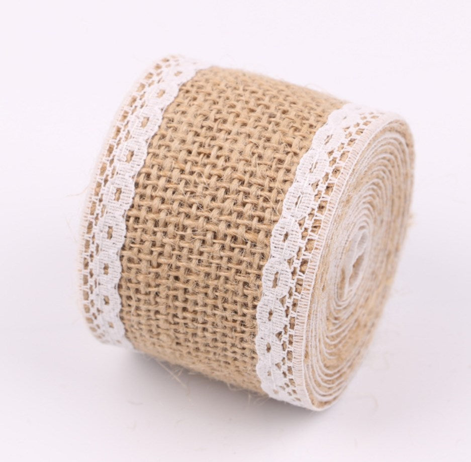2M/Roll 5cm Natural Jute Burlap Hessian Ribbon with White Lace Trim | DIY Ribbon for Gift Wrapping