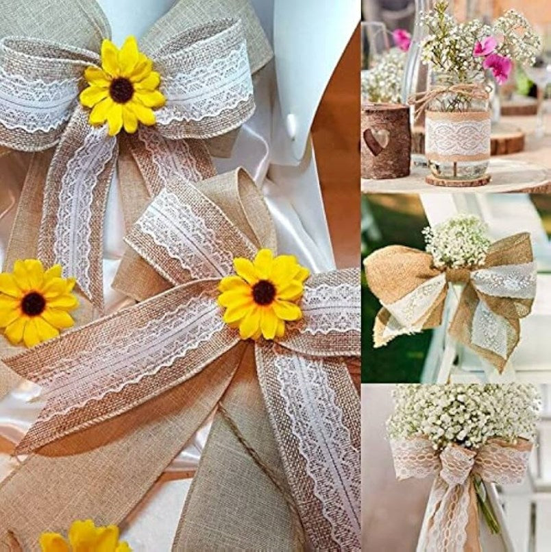 2M/Roll 5cm Natural Jute Burlap Hessian Ribbon with White Lace Trim | DIY Ribbon for Gift Wrapping