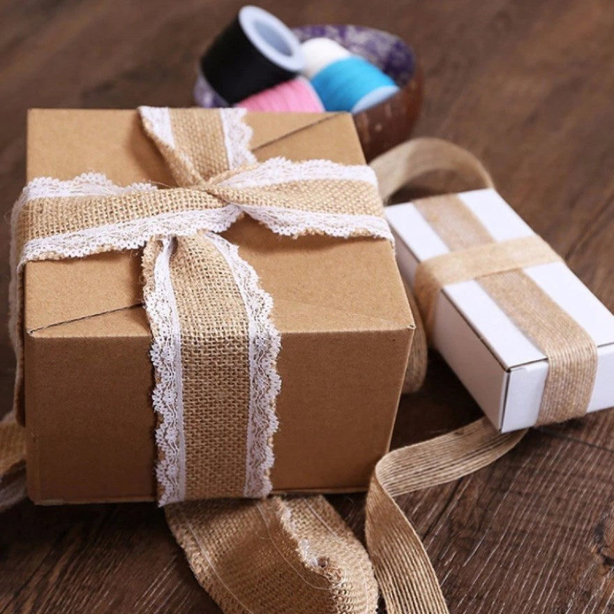 2M/Roll 5cm Natural Jute Burlap Hessian Ribbon with White Lace Trim | DIY Ribbon for Gift Wrapping