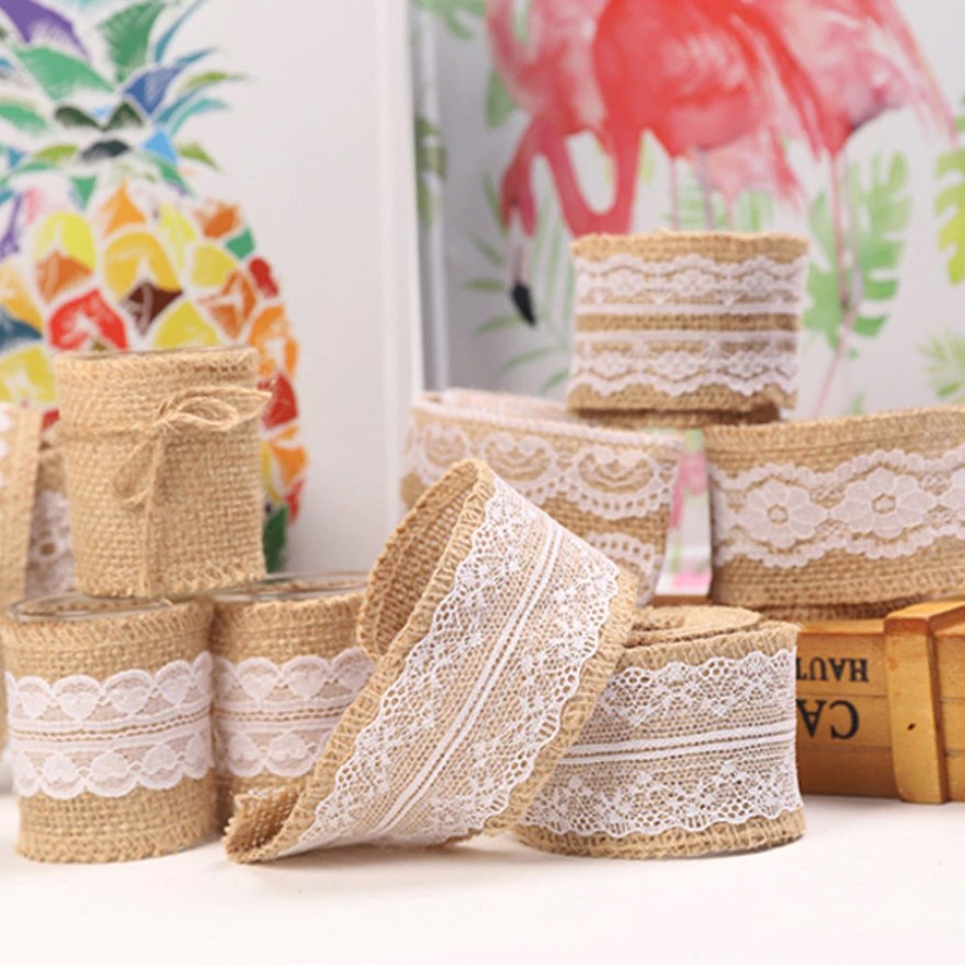 2M/Roll 5cm Natural Jute Burlap Hessian Ribbon with White Lace Trim | DIY Ribbon for Gift Wrapping