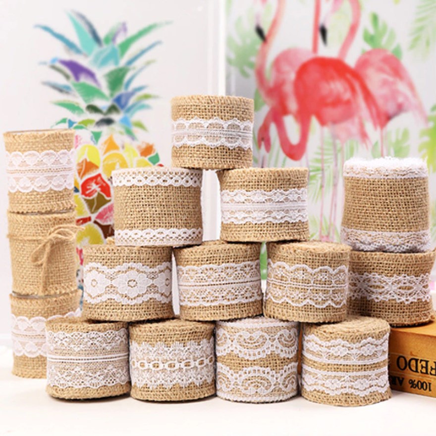 2M/Roll 5cm Natural Jute Burlap Hessian Ribbon with White Lace Trim | DIY Ribbon for Gift Wrapping