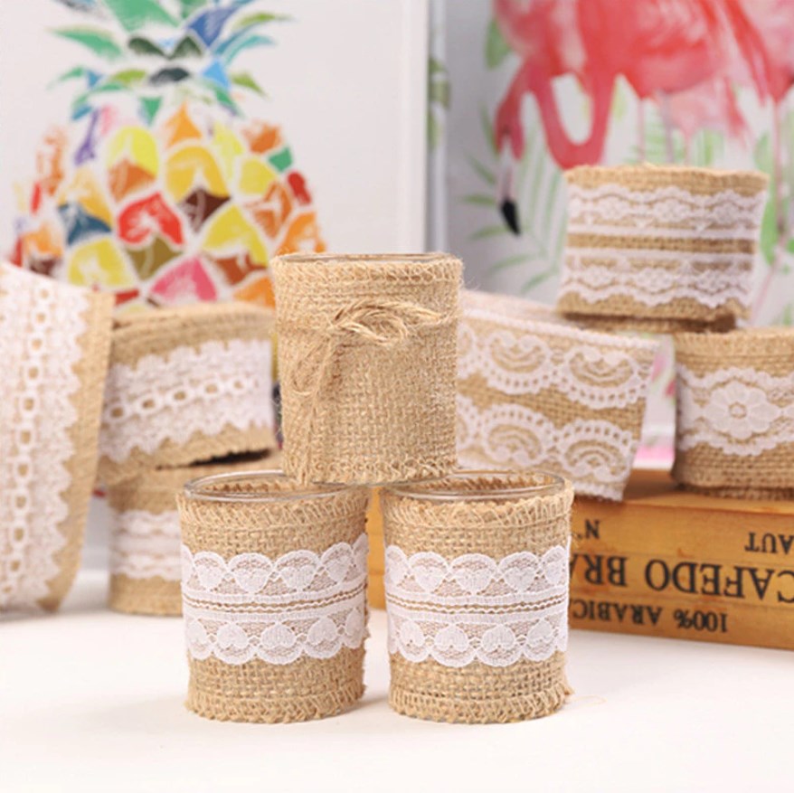 2M/Roll 5cm Natural Jute Burlap Hessian Ribbon with White Lace Trim | DIY Ribbon for Gift Wrapping