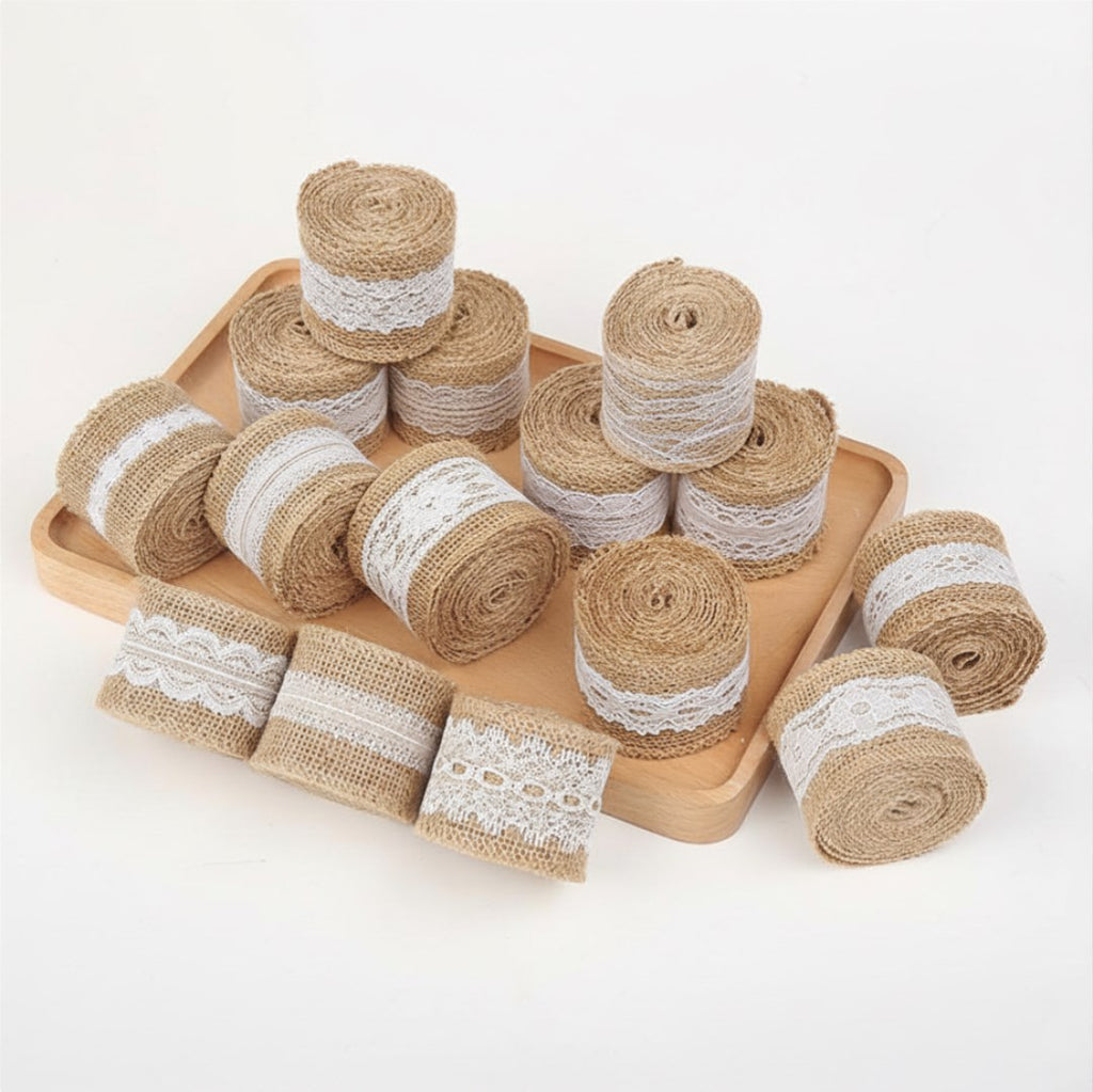 2M/Roll 5cm Natural Jute Burlap Hessian Ribbon with White Lace Trim | DIY Ribbon for Gift Wrapping