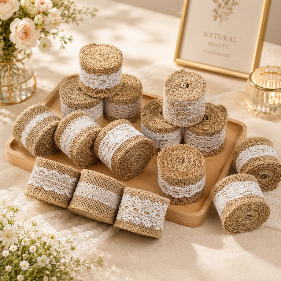 2M/Roll 5cm Natural Jute Burlap Hessian Ribbon with White Lace Trim | DIY Ribbon for Gift Wrapping