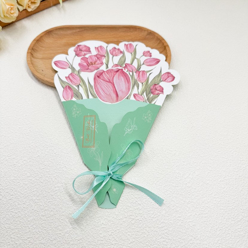5Pcs/Pack Tri-Fold Bouquet Greeting Cards with Ribbon | Handwritten Message Cards | Greeting Cards