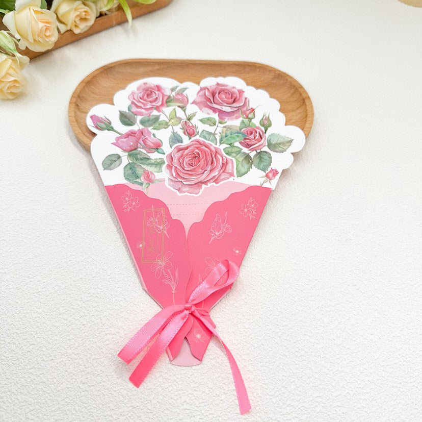 5Pcs/Pack Tri-Fold Bouquet Greeting Cards with Ribbon | Handwritten Message Cards | Greeting Cards