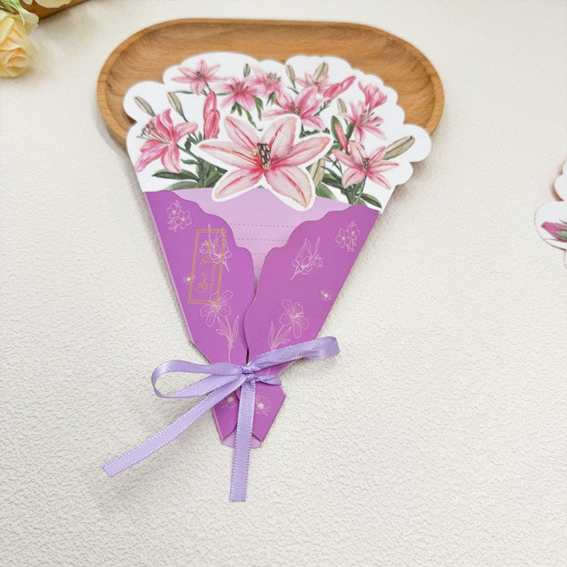 5Pcs/Pack Tri-Fold Bouquet Greeting Cards with Ribbon | Handwritten Message Cards | Greeting Cards
