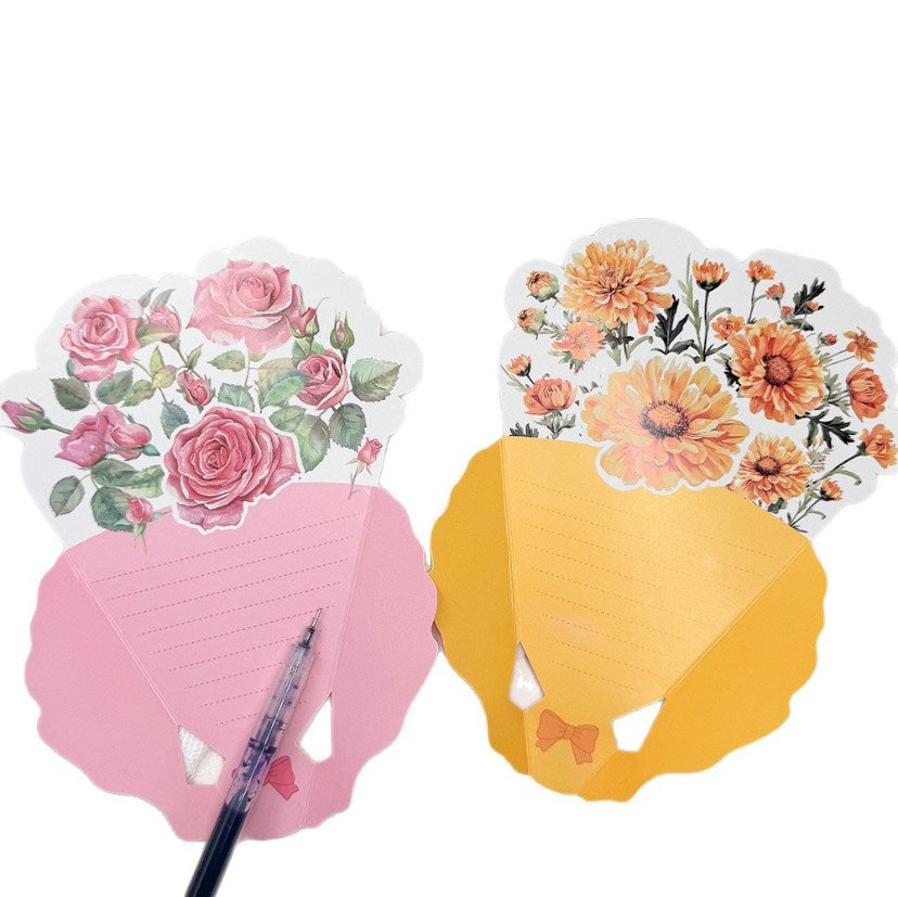 5Pcs/Pack Tri-Fold Bouquet Greeting Cards with Ribbon | Handwritten Message Cards | Greeting Cards