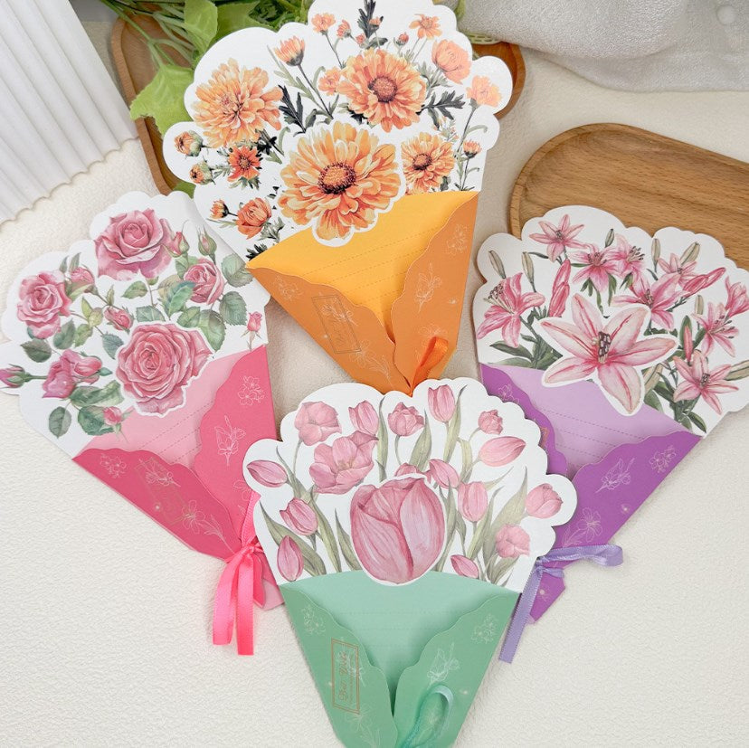 5Pcs/Pack Tri-Fold Bouquet Greeting Cards with Ribbon | Handwritten Message Cards | Greeting Cards