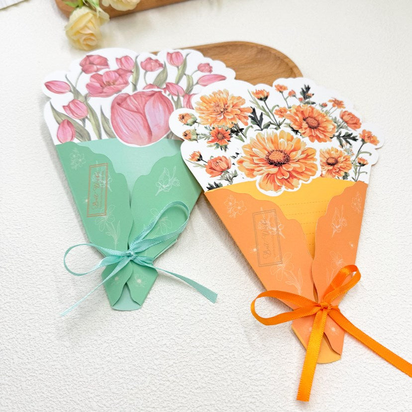 5Pcs/Pack Tri-Fold Bouquet Greeting Cards with Ribbon | Handwritten Message Cards | Greeting Cards
