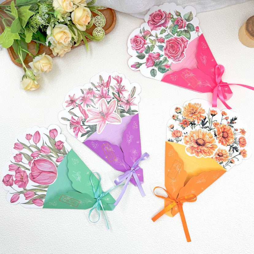 5Pcs/Pack Tri-Fold Bouquet Greeting Cards with Ribbon | Handwritten Message Cards | Greeting Cards