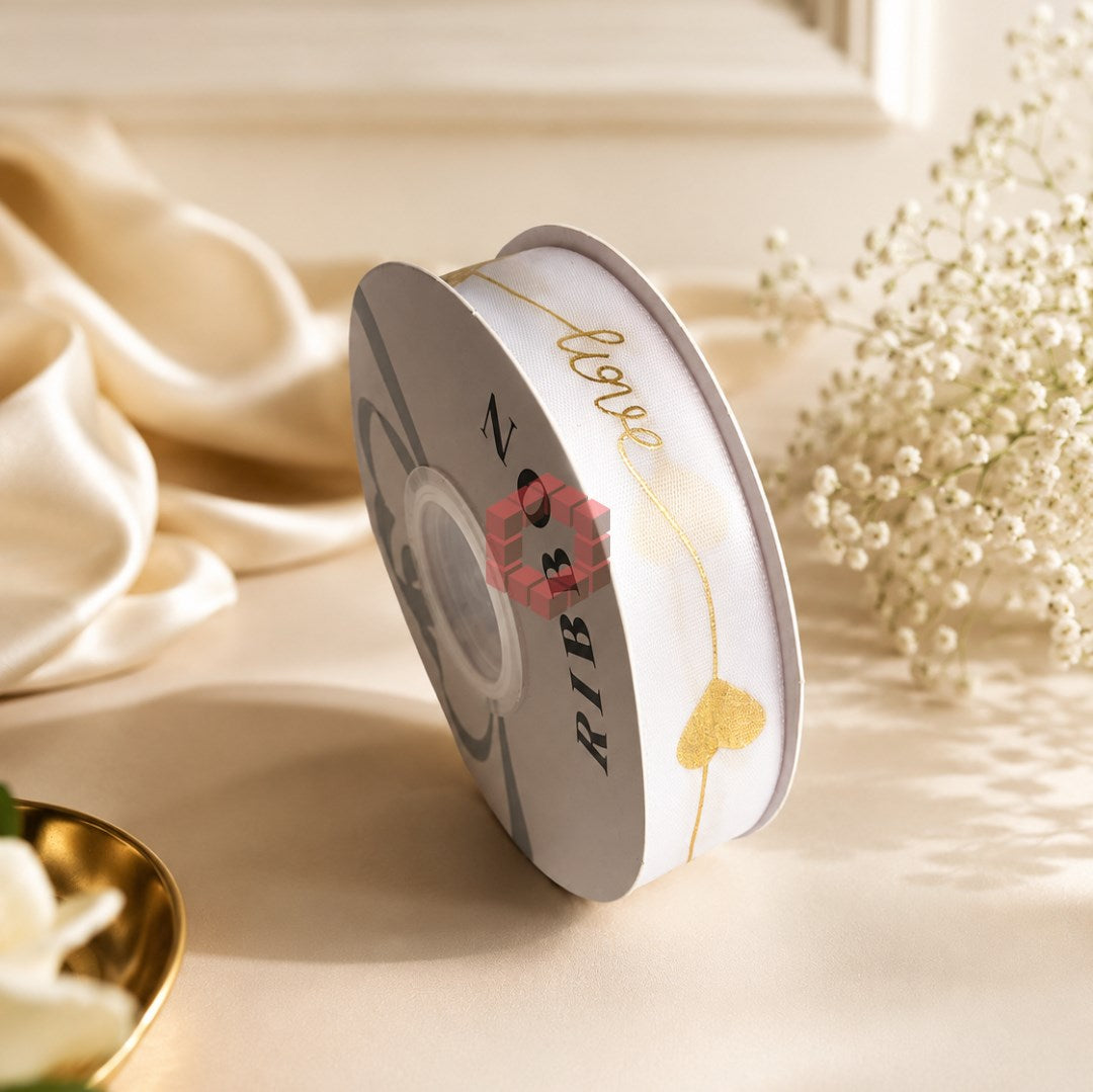 25mm x 50 Yards SATIN RIBBON Love Heart Printed  | Decorative Gift Wrapping Ribbon for Bouquets
